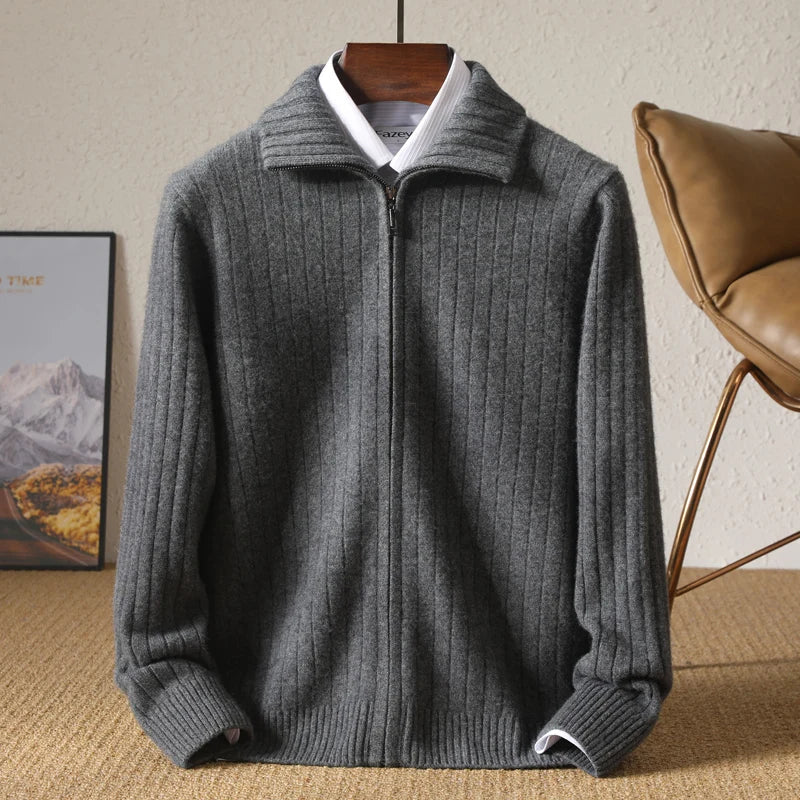 Sophisticated Merino Wool Full-Zip Ribbed Sweater: Lightweight, Warm, Breathable Luxury