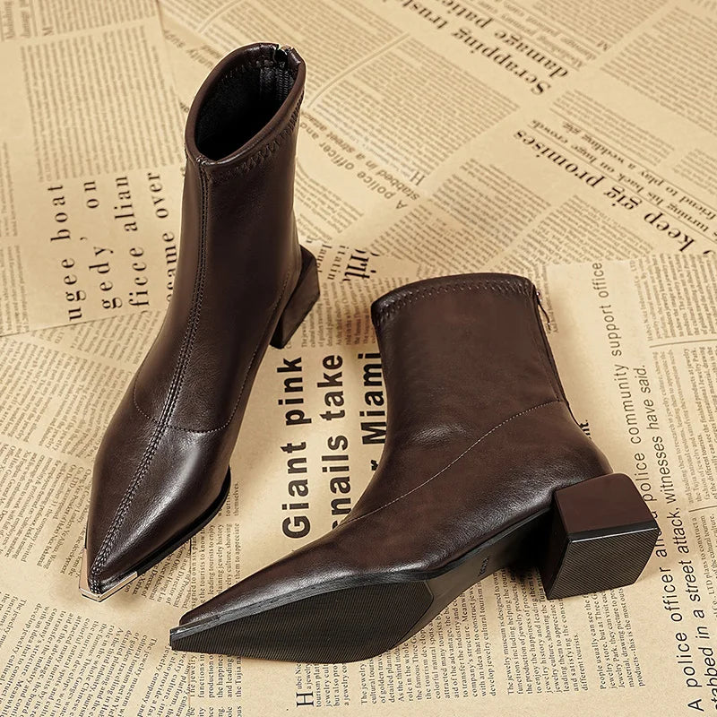 Sophisticated Women's Pointed Toe Block Heel Ankle Boots with Metal Trim