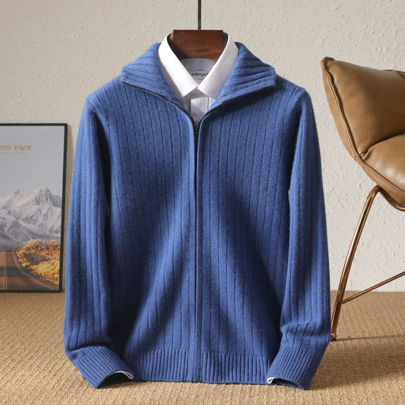 Sophisticated Merino Wool Full-Zip Ribbed Sweater: Lightweight, Warm, Breathable Luxury