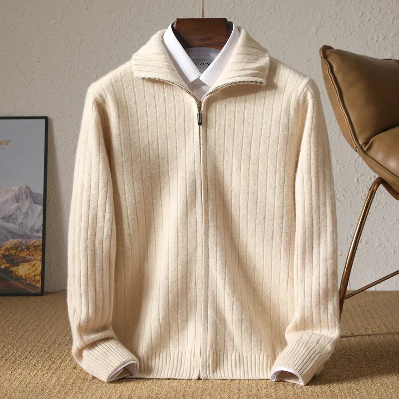 Sophisticated Merino Wool Full-Zip Ribbed Sweater: Lightweight, Warm, Breathable Luxury