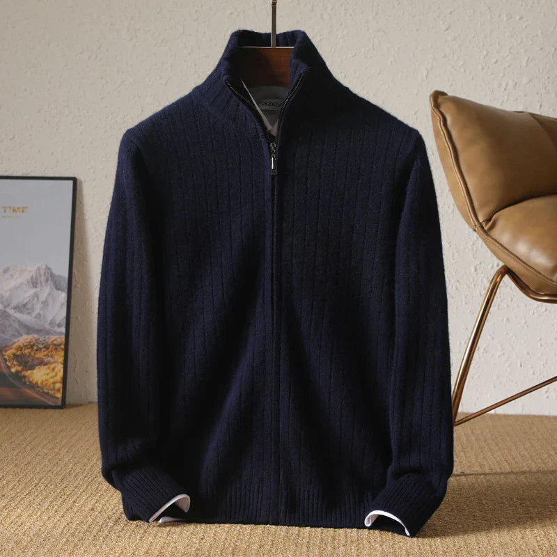 Sophisticated Merino Wool Full-Zip Ribbed Sweater: Lightweight, Warm, Breathable Luxury