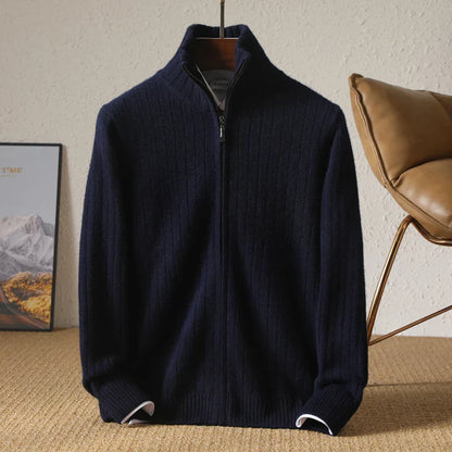 Sophisticated Merino Wool Full-Zip Ribbed Sweater: Lightweight, Warm, Breathable Luxury