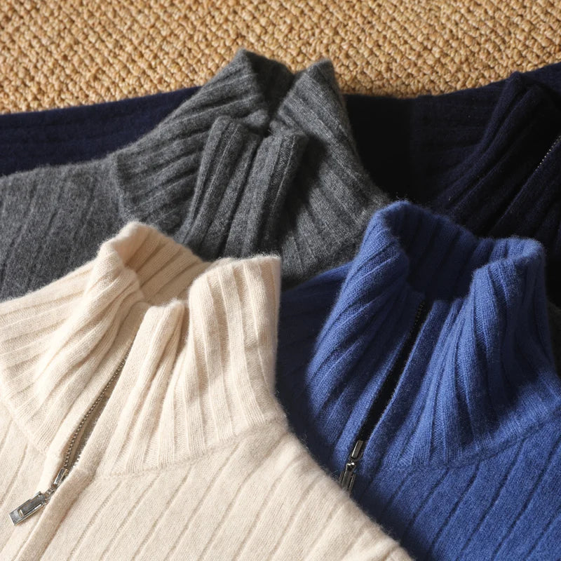 Sophisticated Merino Wool Full-Zip Ribbed Sweater: Lightweight, Warm, Breathable Luxury