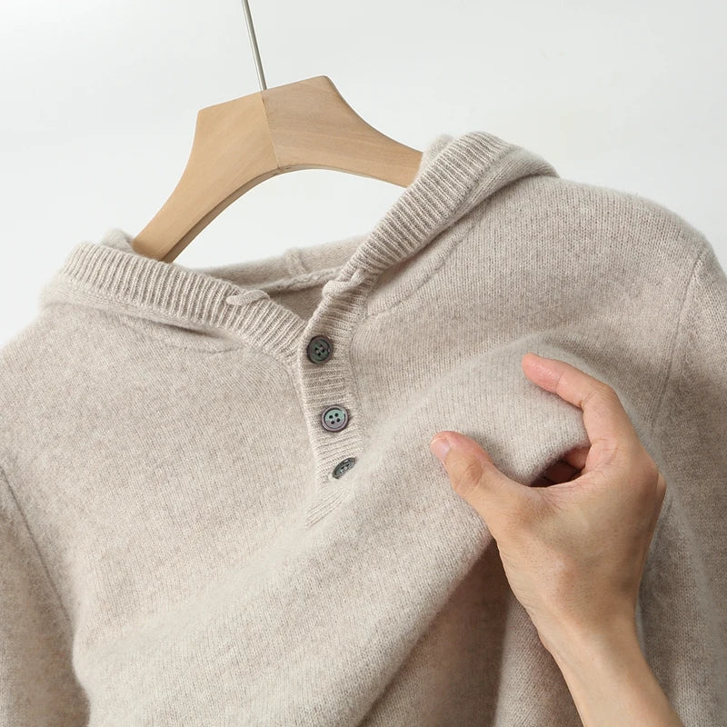 Aurelio Men's Tailored Knit Hoodie - Soft Cotton Blend, Button Placket