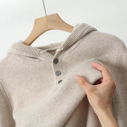 Aurelio Men's Tailored Knit Hoodie - Soft Cotton Blend, Button Placket